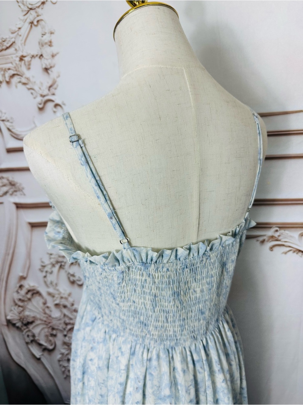 Smocked Light Blue Floral Maxi Dress with Spaghetti Straps - Picture 4 of 13